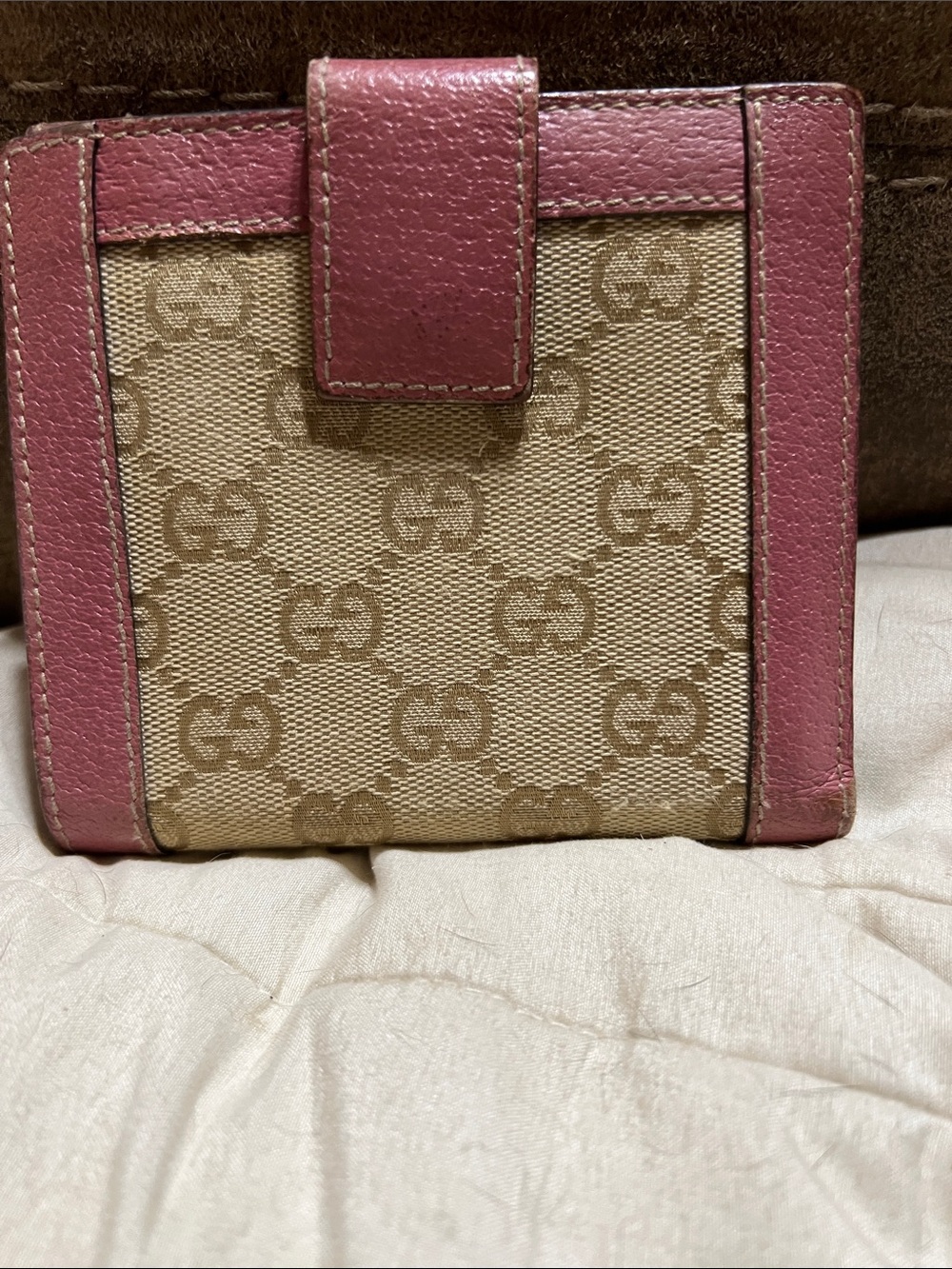 Gucci Beige Canvas Wallet with Pink Leather Trim
